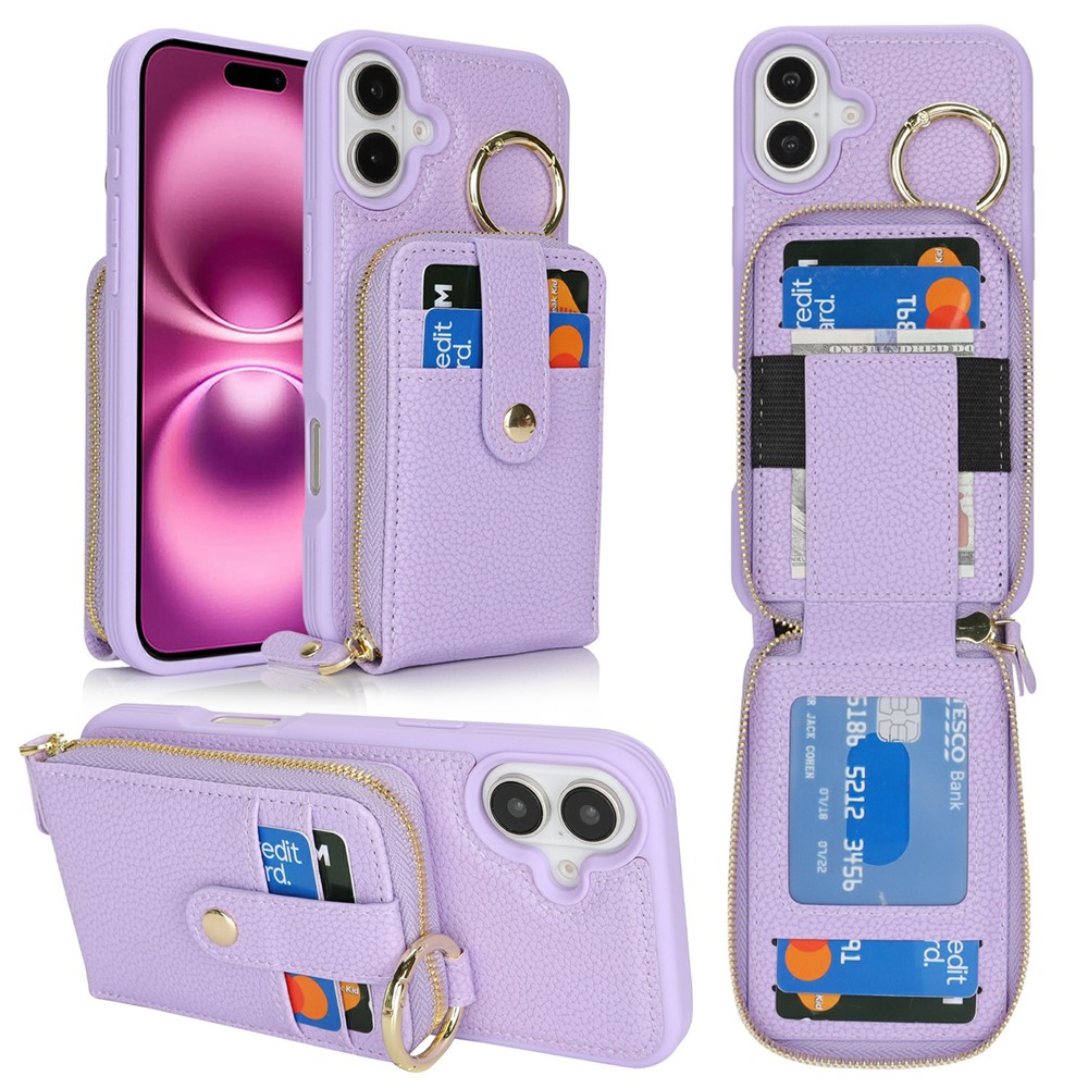 For iPhone 16 Plus Case with Zipper Pouch / Ring Kickstand / Strap Litchi Texture PU + TPU Phone Cover - Purple