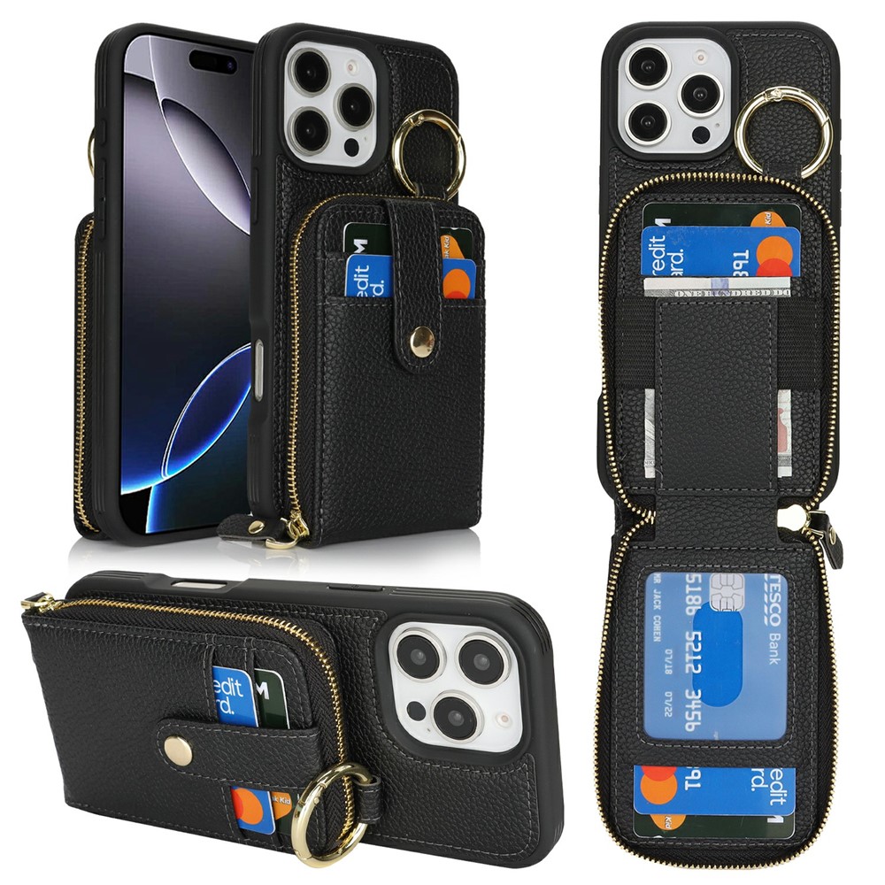 For iPhone 16 Pro Max Case with Zipper Pouch / Ring Kickstand / Strap Litchi Texture PU + TPU Phone Cover - Black