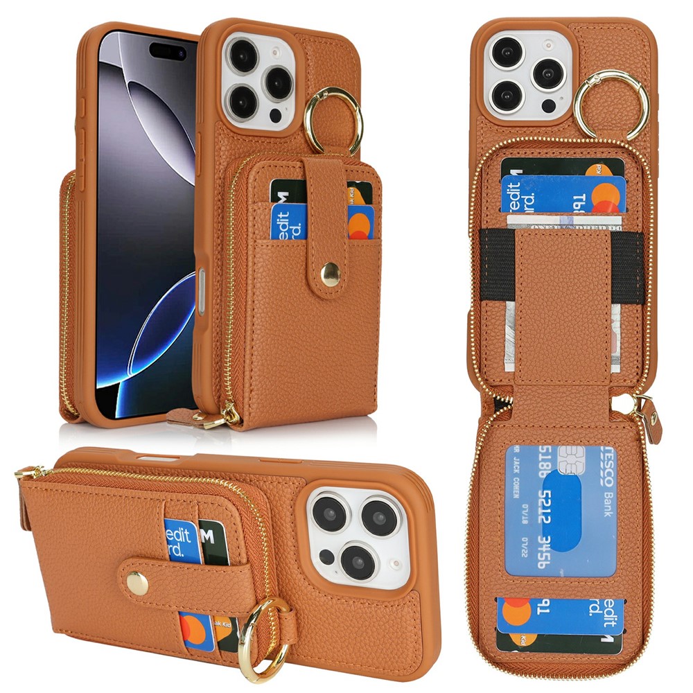 For iPhone 16 Pro Max Case with Zipper Pouch / Ring Kickstand / Strap Litchi Texture PU + TPU Phone Cover - Brown