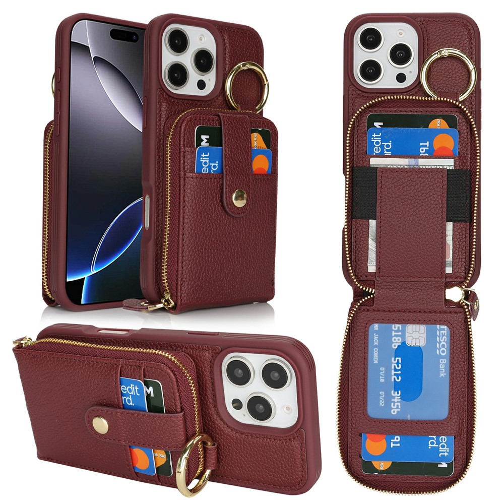 For iPhone 16 Pro Max Case with Zipper Pouch / Ring Kickstand / Strap Litchi Texture PU + TPU Phone Cover - Wine Red
