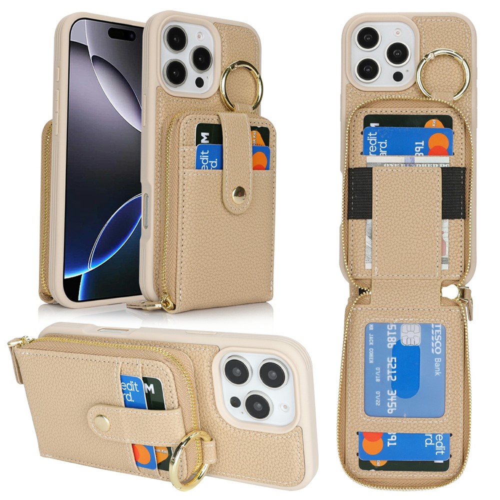 For iPhone 16 Pro Max Case with Zipper Pouch / Ring Kickstand / Strap Litchi Texture PU + TPU Phone Cover - Beige