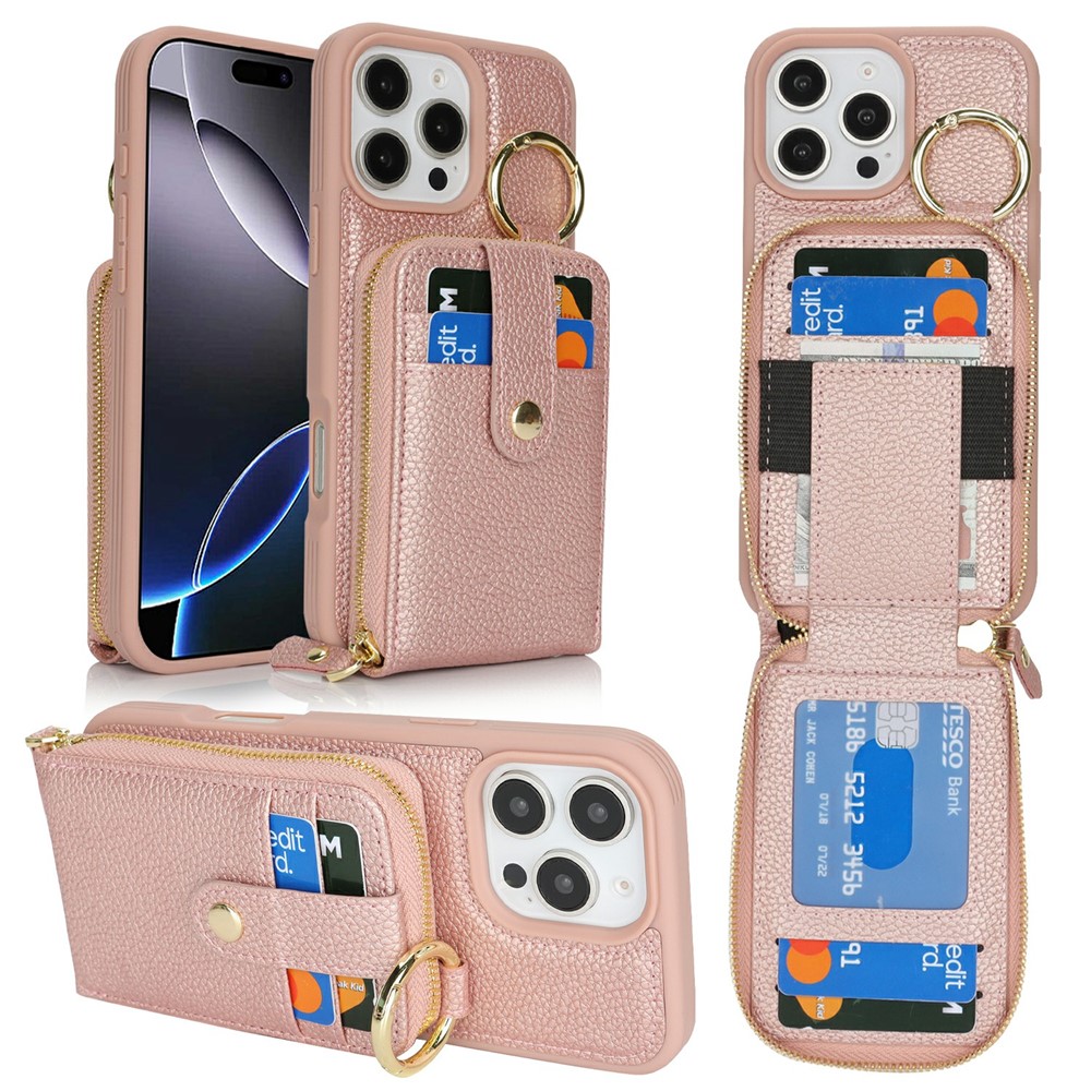 For iPhone 16 Pro Max Case with Zipper Pouch / Ring Kickstand / Strap Litchi Texture PU + TPU Phone Cover - Rose Gold
