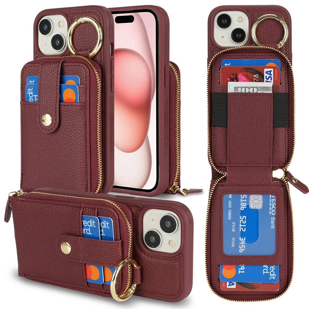 For iPhone 15 Case with Zipper Pouch / Ring Kickstand / Strap Litchi Texture PU + TPU Phone Cover - Wine Red