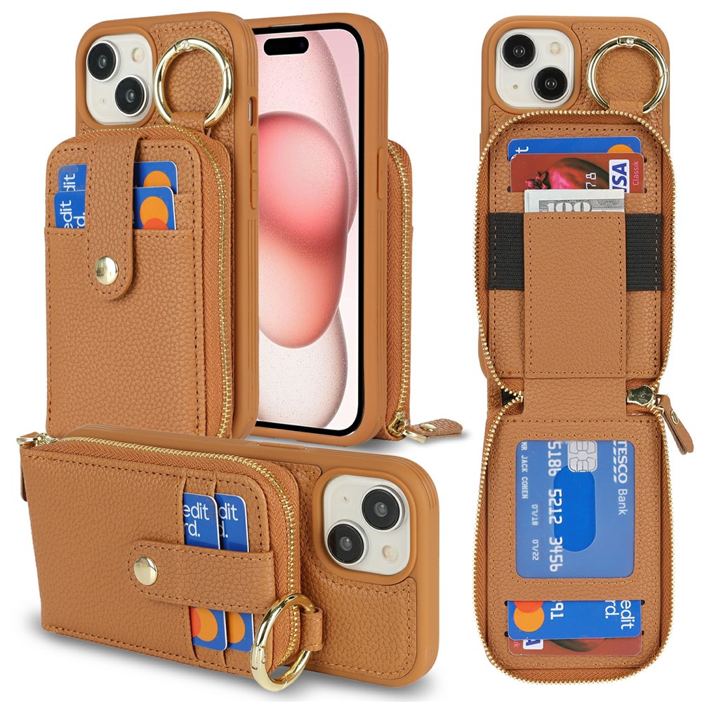 For iPhone 15 Case with Zipper Pouch / Ring Kickstand / Strap Litchi Texture PU + TPU Phone Cover - Brown