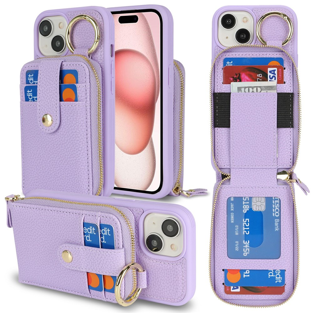 For iPhone 15 Case with Zipper Pouch / Ring Kickstand / Strap Litchi Texture PU + TPU Phone Cover - Purple