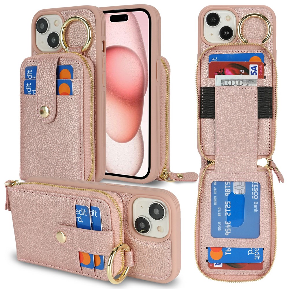 For iPhone 15 Case with Zipper Pouch / Ring Kickstand / Strap Litchi Texture PU + TPU Phone Cover - Rose Gold