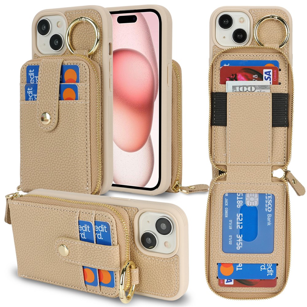For iPhone 15 Case with Zipper Pouch / Ring Kickstand / Strap Litchi Texture PU + TPU Phone Cover - Beige