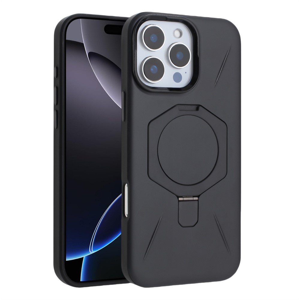 For iPhone 16 Pro Max Magnetic Case TPU + PC Kickstand Phone Cover - Black
