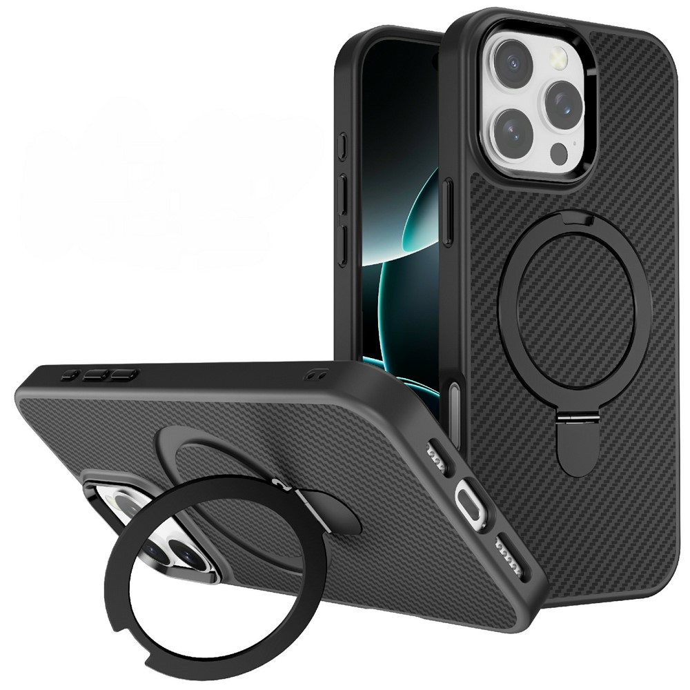 For iPhone 16 Pro Max Case Compatible with MagSafe Kickstand Carbon Fiber Texture TPU + PC Phone Cover - Black