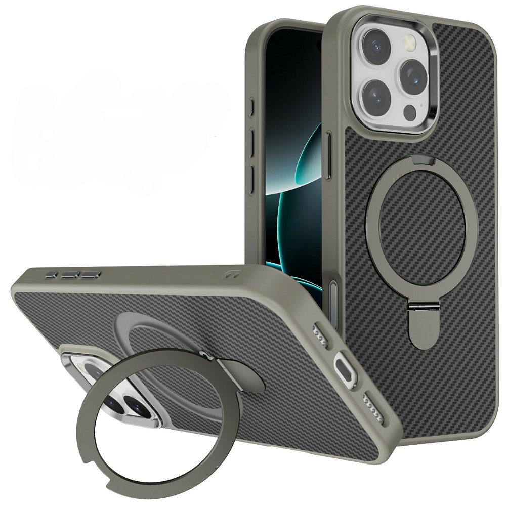 For iPhone 16 Pro Max Case Compatible with MagSafe Kickstand Carbon Fiber Texture TPU + PC Phone Cover - Grey