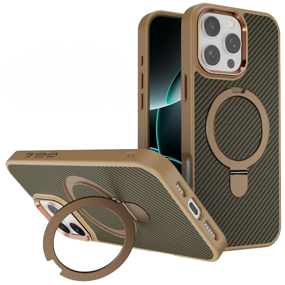 For iPhone 16 Pro Max Case Compatible with MagSafe Kickstand Carbon Fiber Texture TPU + PC Phone Cover - Gold