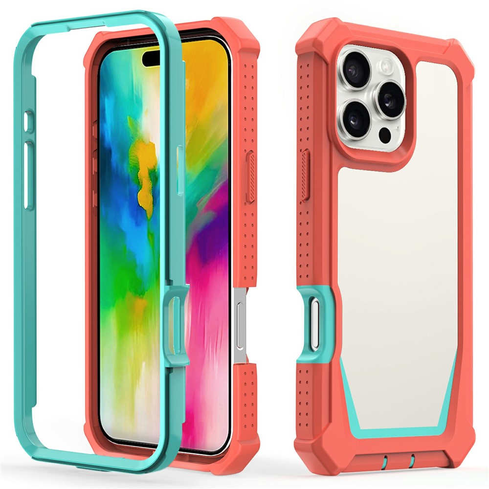 For iPhone 16 Pro Max Case Detachable 2 in 1 TPU + PC Shockproof Phone Back Cover - Coral Pink  /  Blue Green