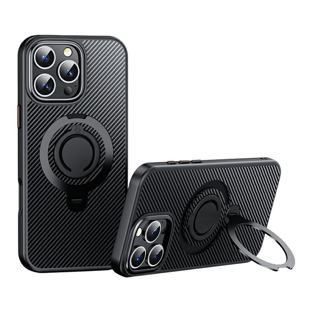 For iPhone 16 Pro Max Case Compatible with MagSafe Kickstand Carbon Fiber Texture PC + TPU Back Cover with Silicone Ring - Black