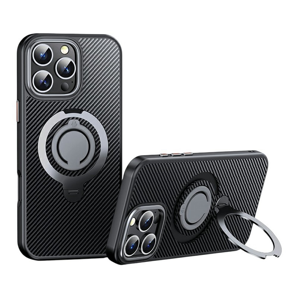 For iPhone 16 Pro Max Case Compatible with MagSafe Kickstand Carbon Fiber Texture PC + TPU Back Cover with Silicone Ring - Titanium Grey