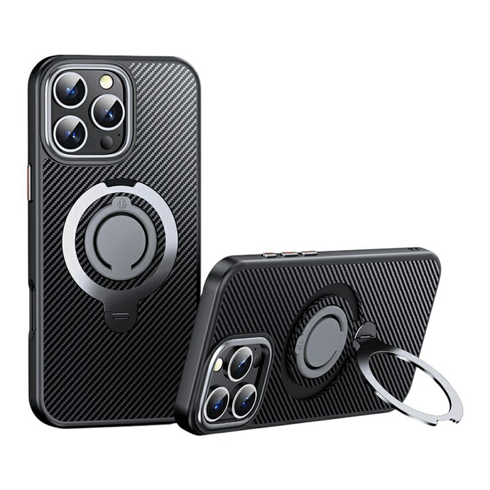 For iPhone 16 Pro Max Case Compatible with MagSafe Kickstand Carbon Fiber Texture PC + TPU Back Cover with Silicone Ring - Silver