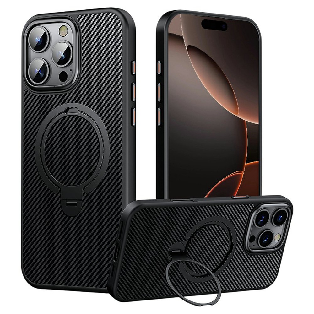 For iPhone 16 Pro Max Case Compatible with MagSafe Kickstand Carbon Fiber Texture PC + TPU Back Cover - Black