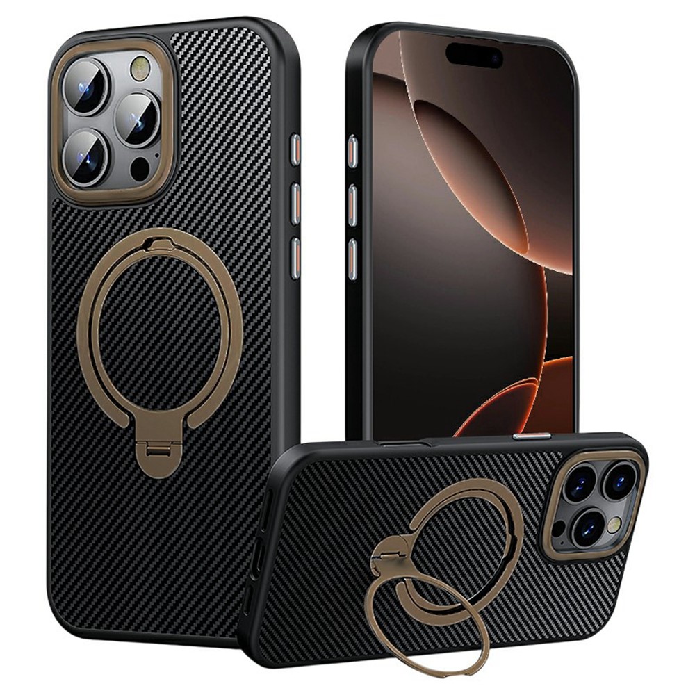 For iPhone 16 Pro Max Case Compatible with MagSafe Kickstand Carbon Fiber Texture PC + TPU Back Cover - Titanium Gold