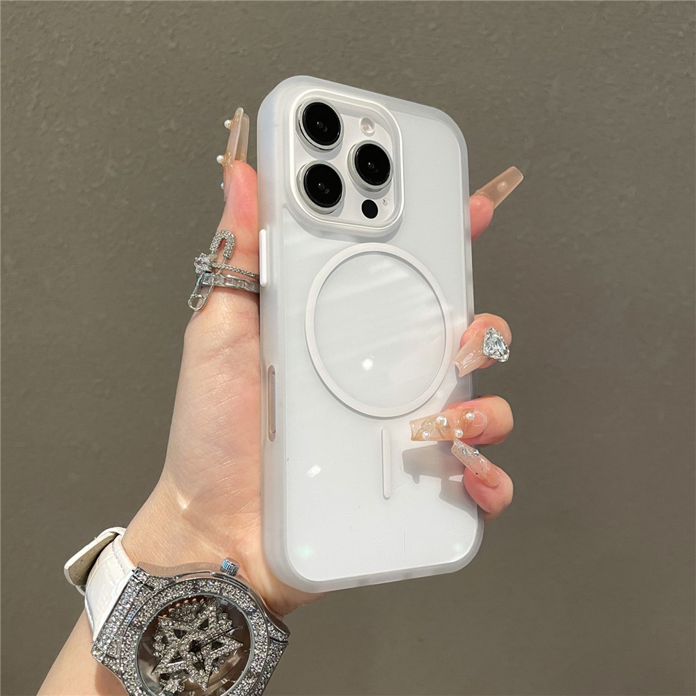 For iPhone 16 Pro Max Magnetic Case TPU + PC Clear Phone Back Cover - White