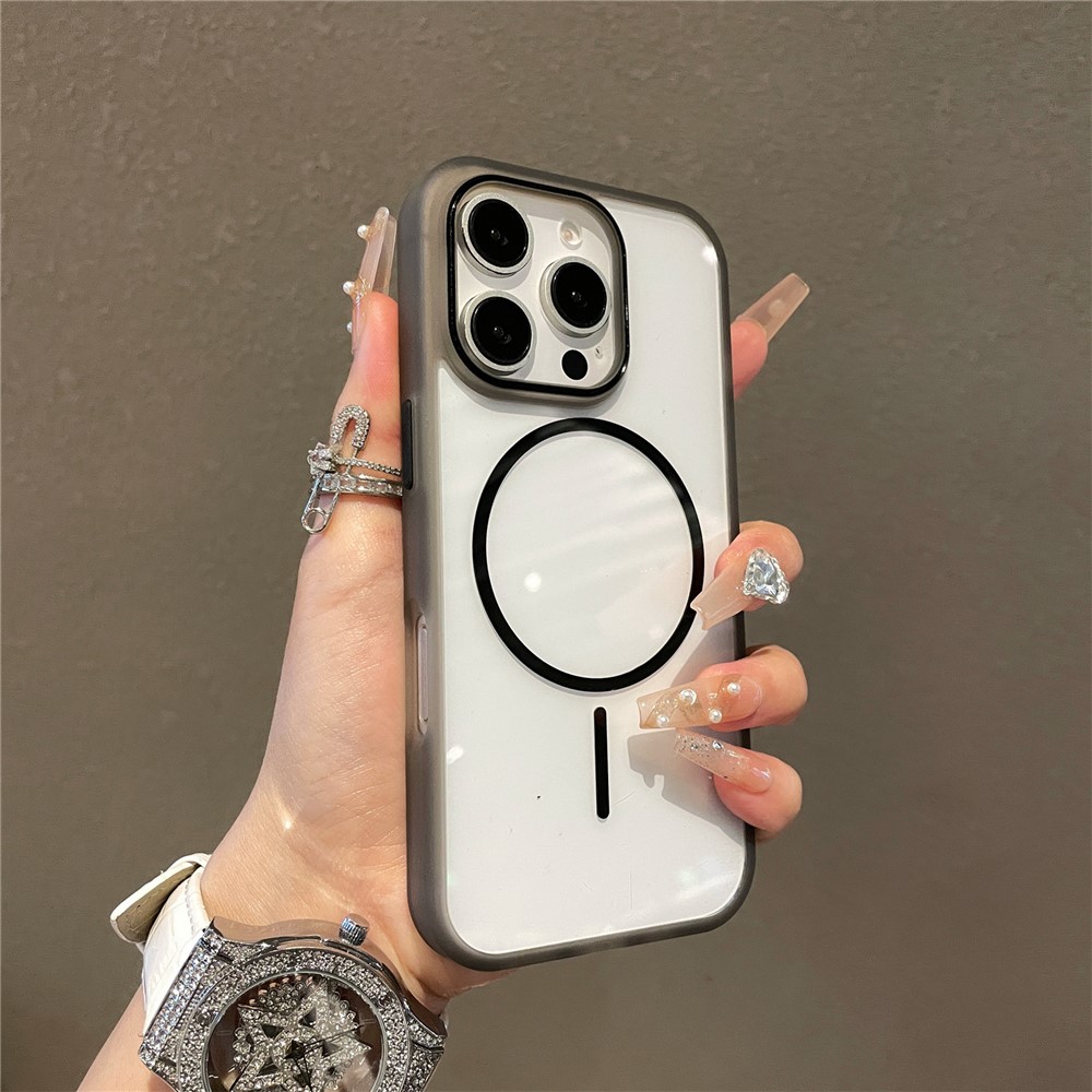 For iPhone 16 Pro Max Magnetic Case TPU + PC Clear Phone Back Cover - Black