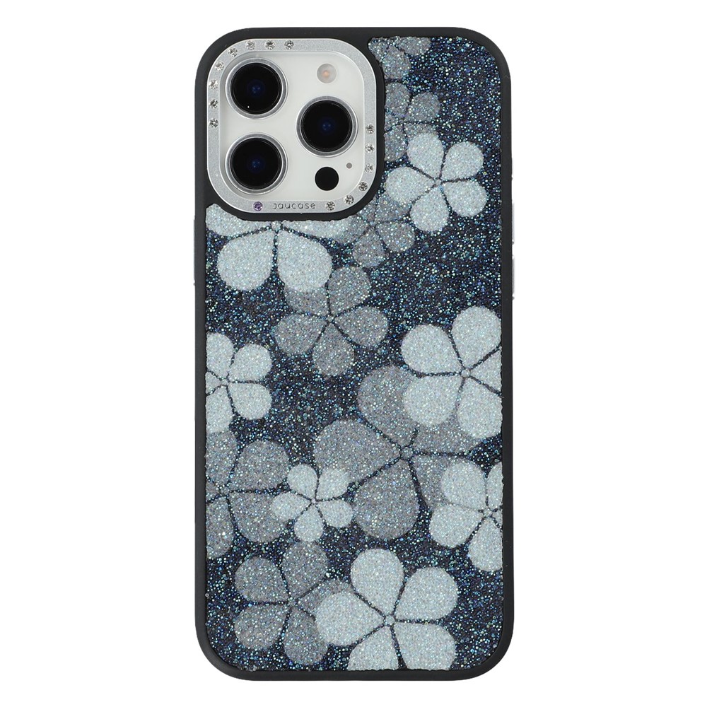 JAUCASE For iPhone 15 Pro Magnetic Case Glitter Flower Pattern PU + TPU + PC Phone Back Cover - Black