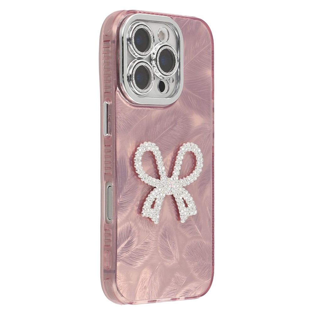 For iPhone 16 Pro Max Case Big Bow Decor IMD PC + TPU Phone Cover with Glass Lens Film - Feather Pattern / Rose Gold