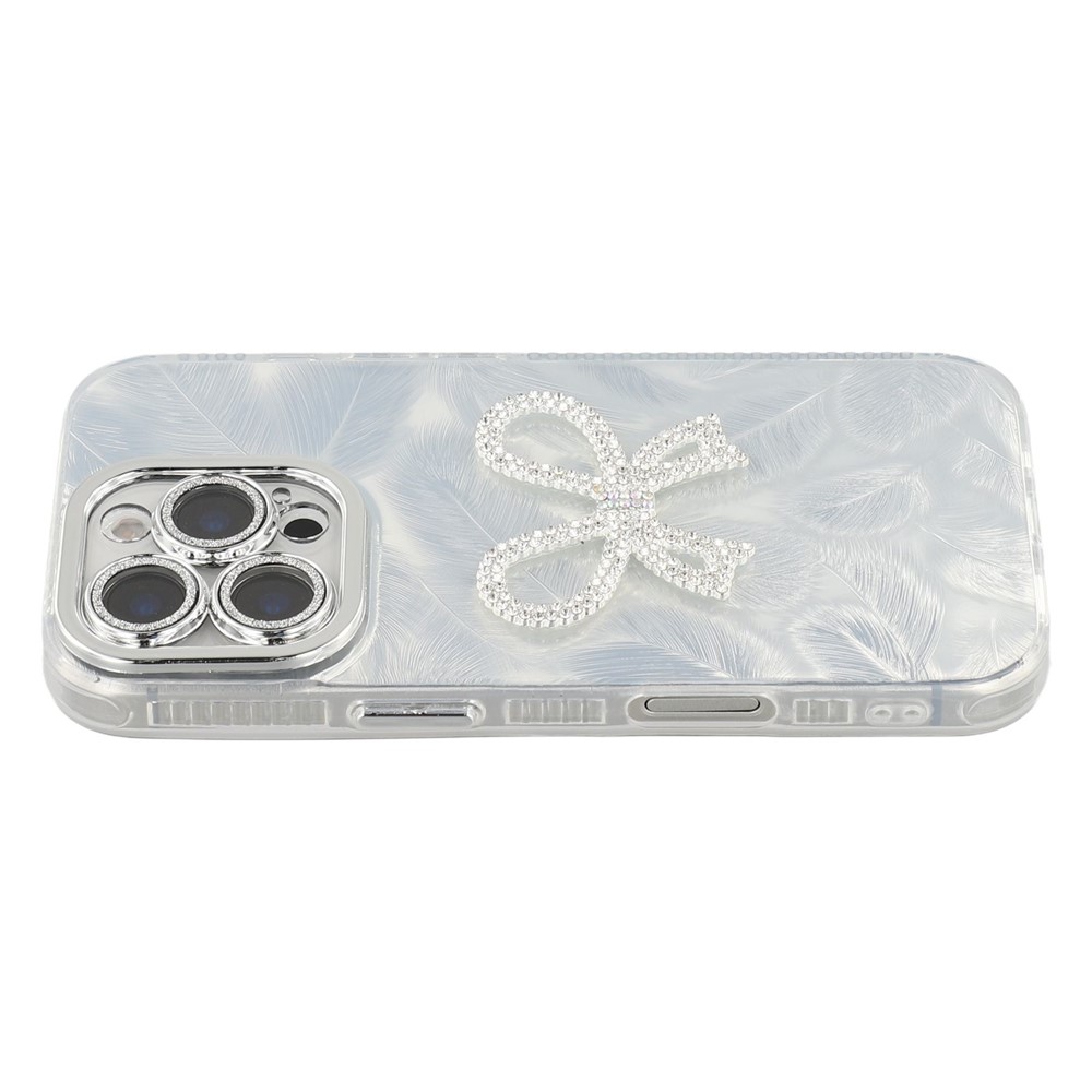 For iPhone 16 Pro Max Case Big Bow Decor IMD PC + TPU Phone Cover with Glass Lens Film - Feather Pattern / Silver