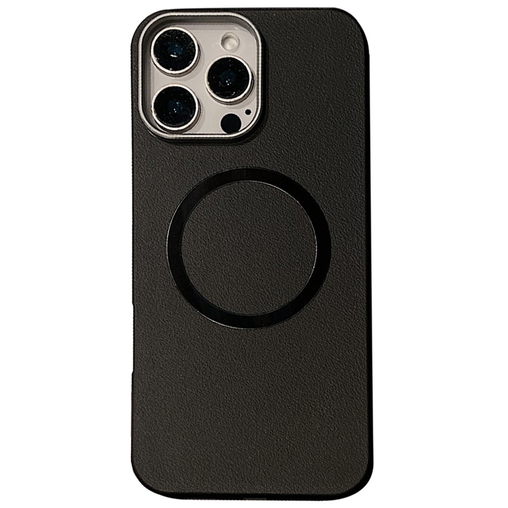 For iPhone 15 Pro Max Phone Cases Leather Texture TPU Back Cover Support Wireless Charging - Black