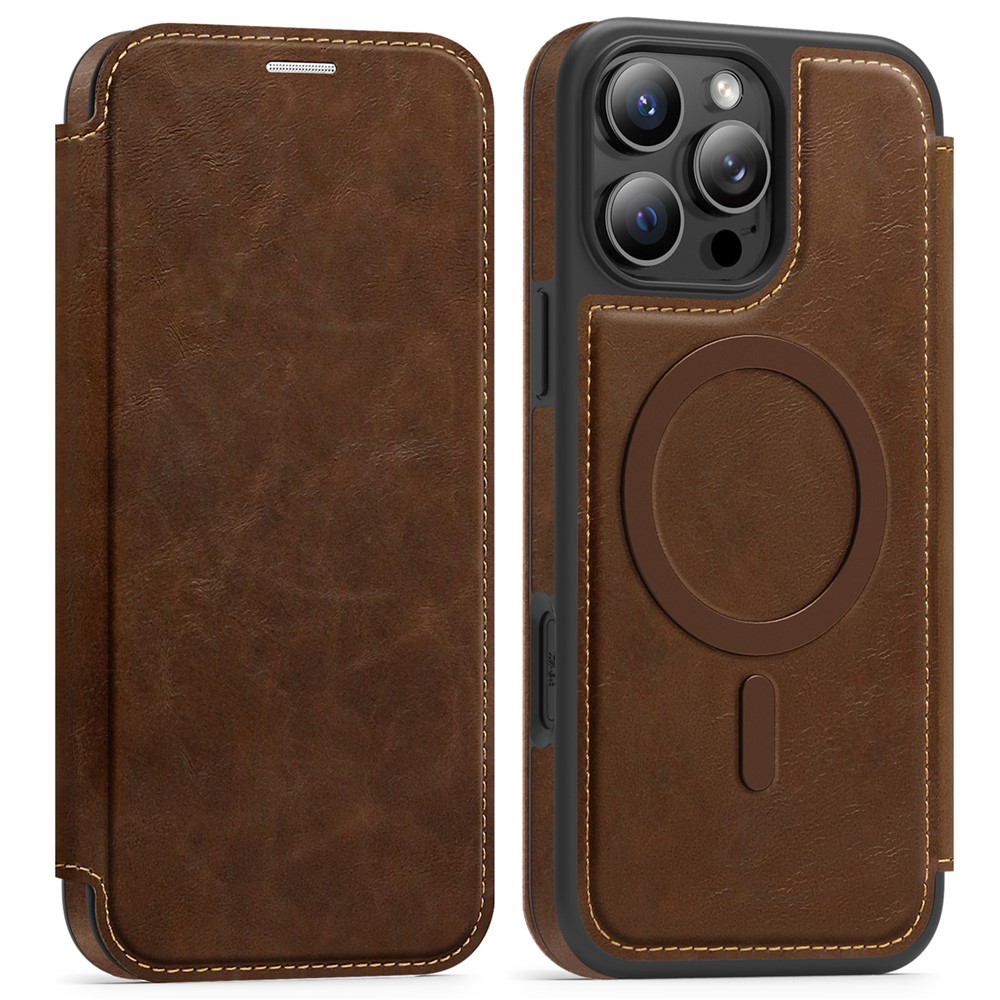 For iPhone 15 Pro Max Case Compatible with MagSafe RFID Blocking Card Holder Leather Phone Cover - Coffee