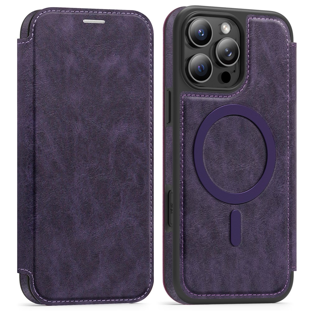 For iPhone 15 Pro Max Case Compatible with MagSafe RFID Blocking Card Holder Leather Phone Cover - Dark Purple