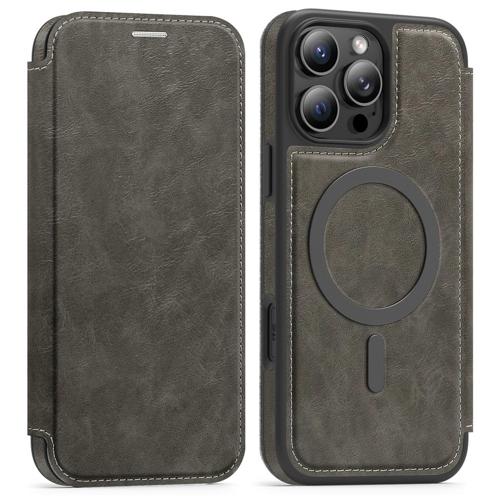 For iPhone 15 Pro Max Case Compatible with MagSafe RFID Blocking Card Holder Leather Phone Cover - Titanium Grey