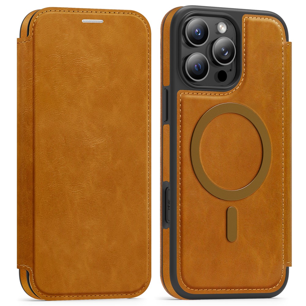 For iPhone 15 Pro Max Case Compatible with MagSafe RFID Blocking Card Holder Leather Phone Cover - Brown