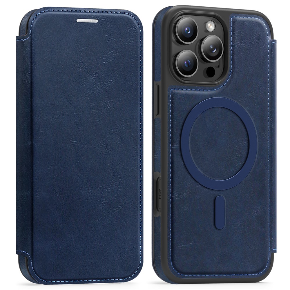 For iPhone 15 Pro Max Case Compatible with MagSafe RFID Blocking Card Holder Leather Phone Cover - Sapphire