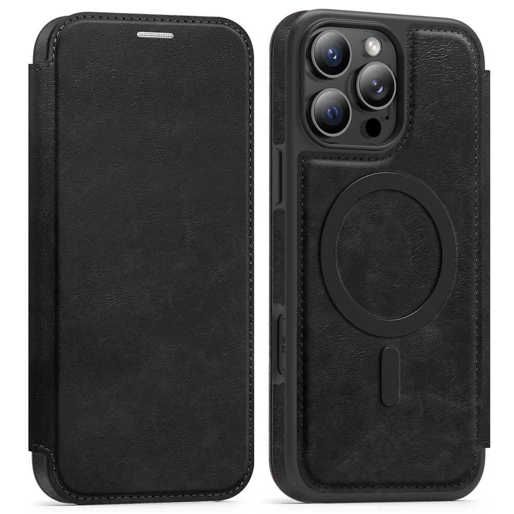 For iPhone 15 Pro Max Case Compatible with MagSafe RFID Blocking Card Holder Leather Phone Cover - Black