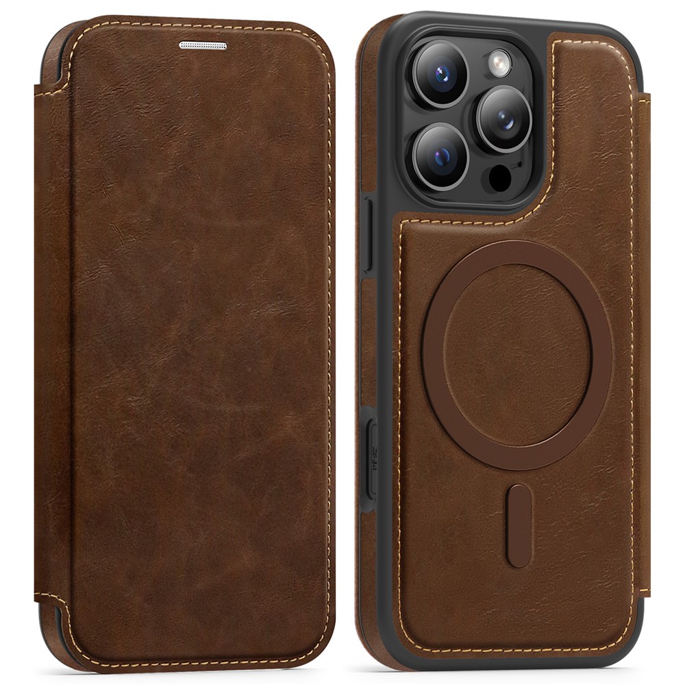 For iPhone 15 Pro Case Compatible with MagSafe RFID Blocking Card Holder Leather Phone Cover - Coffee