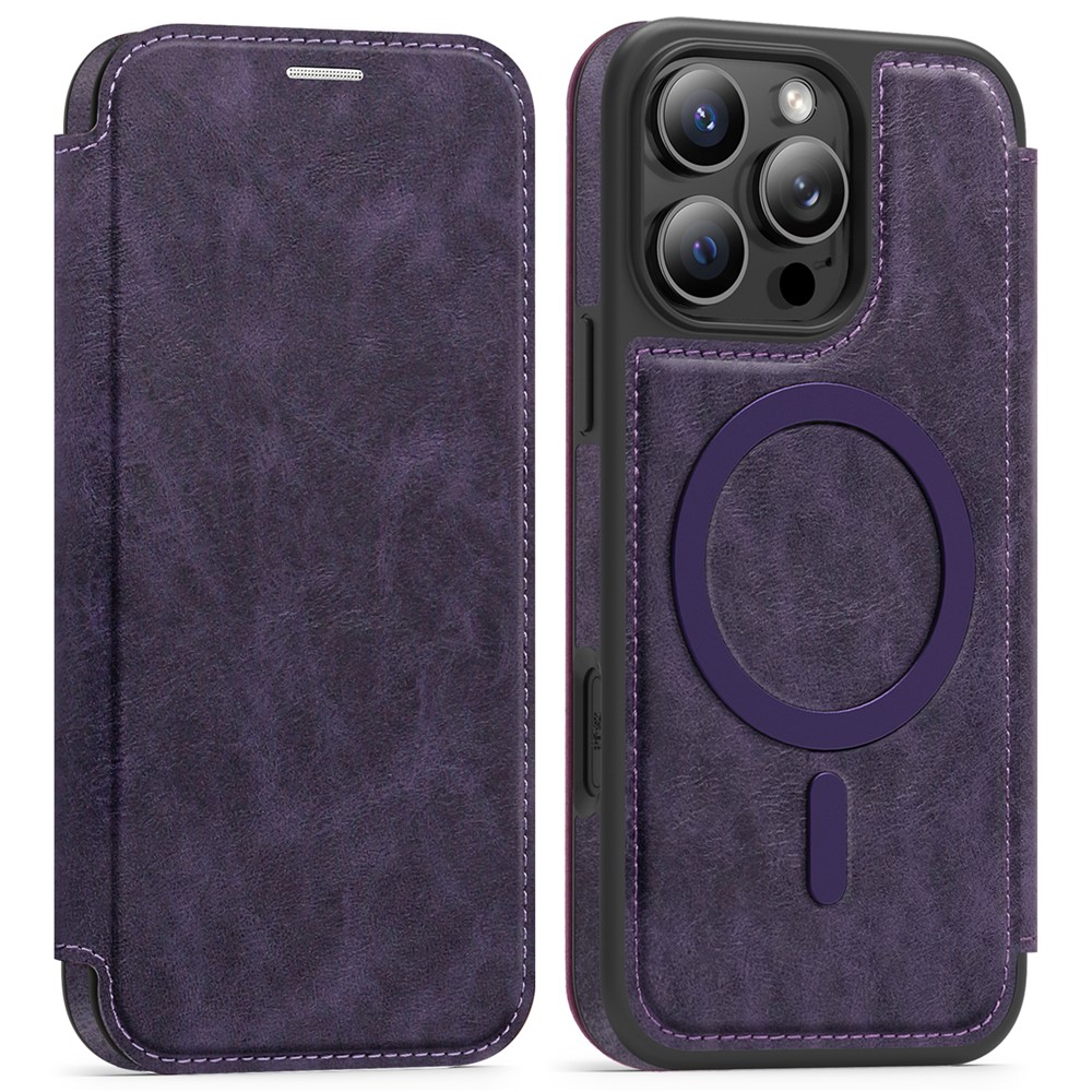 For iPhone 15 Pro Case Compatible with MagSafe RFID Blocking Card Holder Leather Phone Cover - Dark Purple