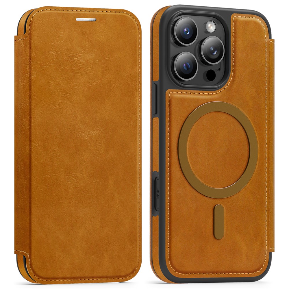 For iPhone 15 Pro Case Compatible with MagSafe RFID Blocking Card Holder Leather Phone Cover - Brown