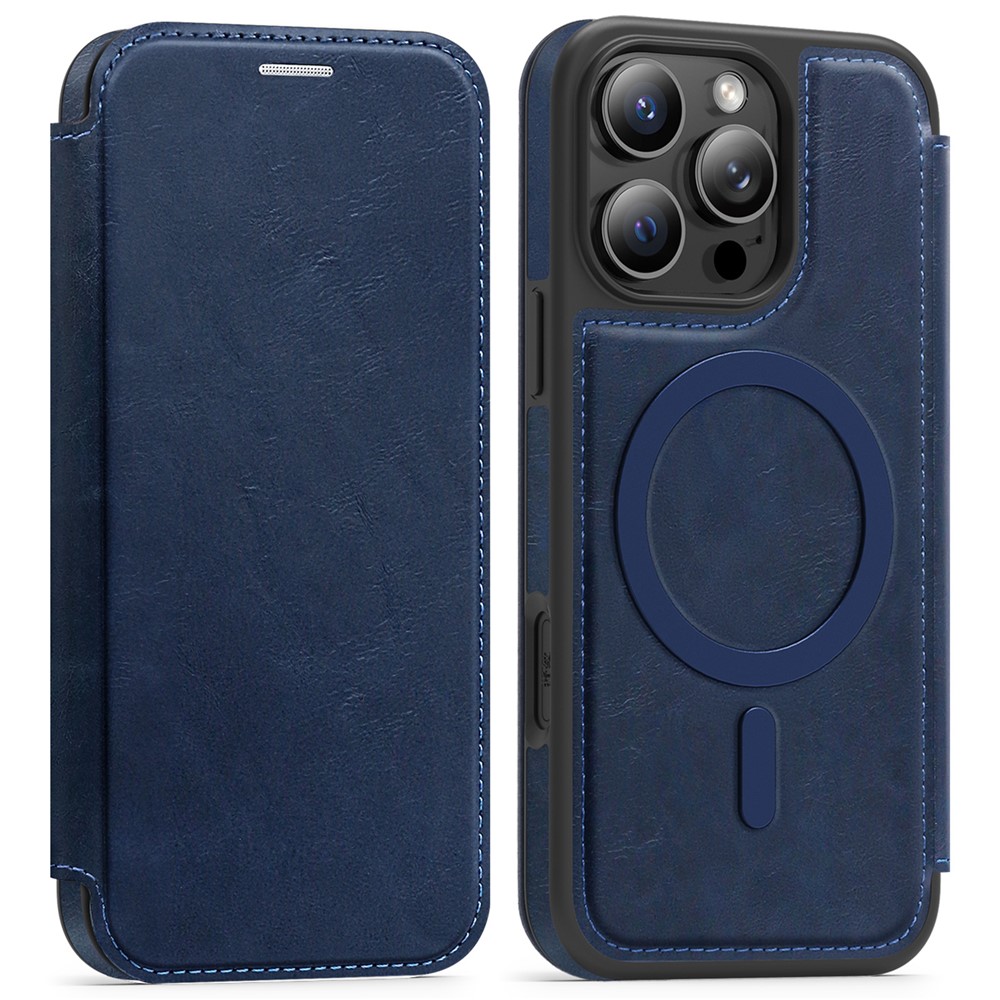 For iPhone 15 Pro Case Compatible with MagSafe RFID Blocking Card Holder Leather Phone Cover - Sapphire