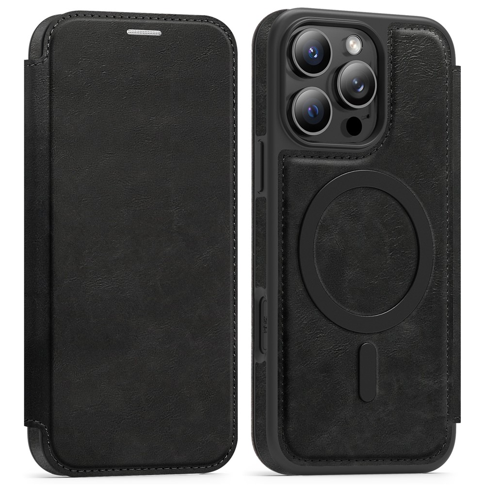 For iPhone 15 Pro Case Compatible with MagSafe RFID Blocking Card Holder Leather Phone Cover - Black