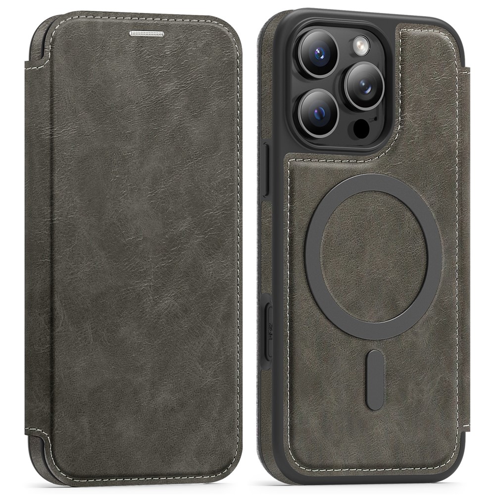 For iPhone 15 Pro Case Compatible with MagSafe RFID Blocking Card Holder Leather Phone Cover - Titanium Grey