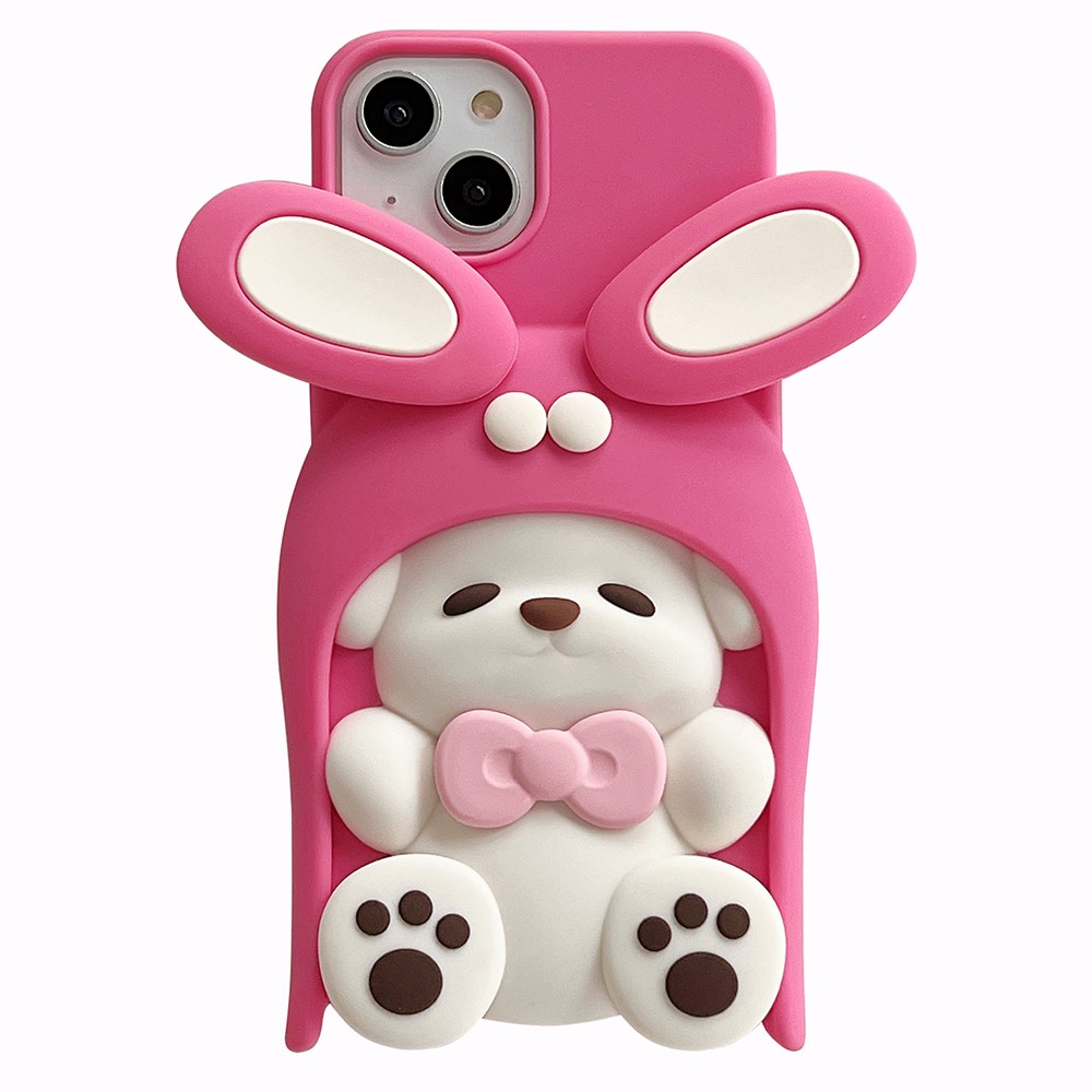 For iPhone 15 Silicone Case Cute Dopamine Dog Design Shockproof Phone Back Cover - Pink