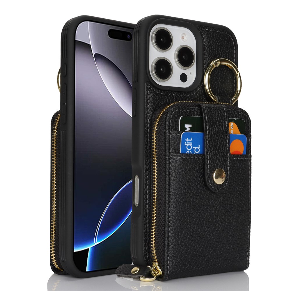 For iPhone 15 Pro Max Case with Zipper Pouch  /  Ring Kickstand  /  Strap Litchi Texture PU + TPU Phone Cover - Black