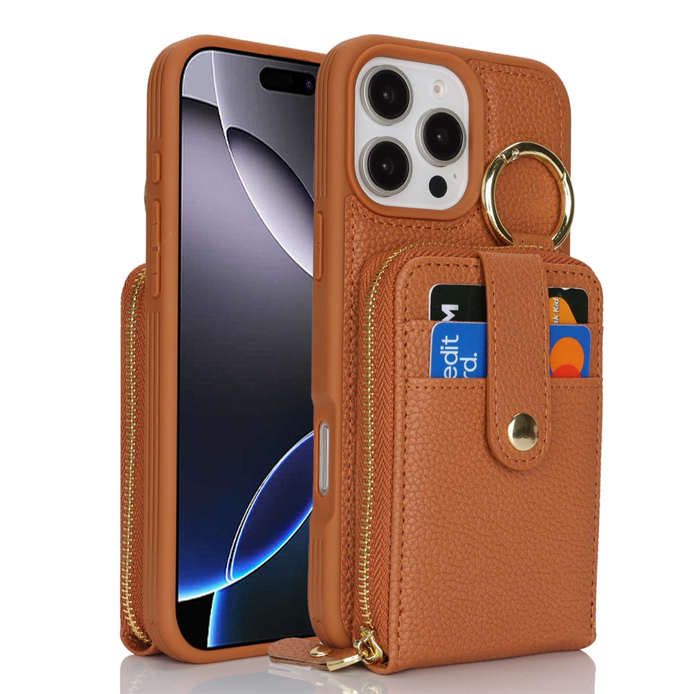 For iPhone 15 Pro Max Case with Zipper Pouch  /  Ring Kickstand  /  Strap Litchi Texture PU + TPU Phone Cover - Brown
