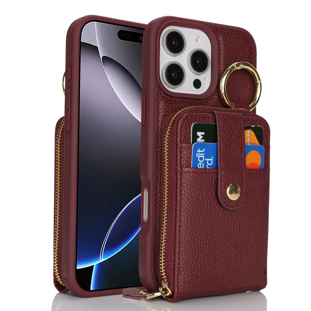 For iPhone 15 Pro Max Case with Zipper Pouch  /  Ring Kickstand  /  Strap Litchi Texture PU + TPU Phone Cover - Wine Red