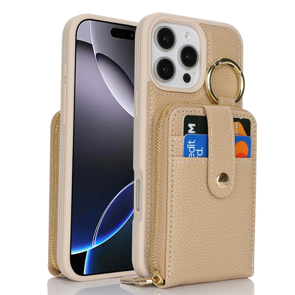 For iPhone 15 Pro Max Case with Zipper Pouch  /  Ring Kickstand  /  Strap Litchi Texture PU + TPU Phone Cover - Beige