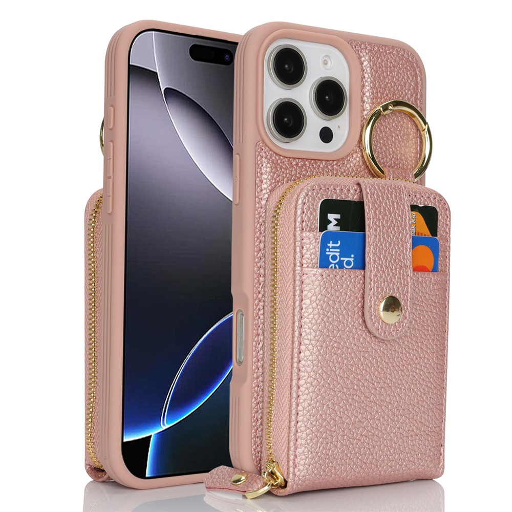 For iPhone 15 Pro Max Case with Zipper Pouch  /  Ring Kickstand  /  Strap Litchi Texture PU + TPU Phone Cover - Rose Gold