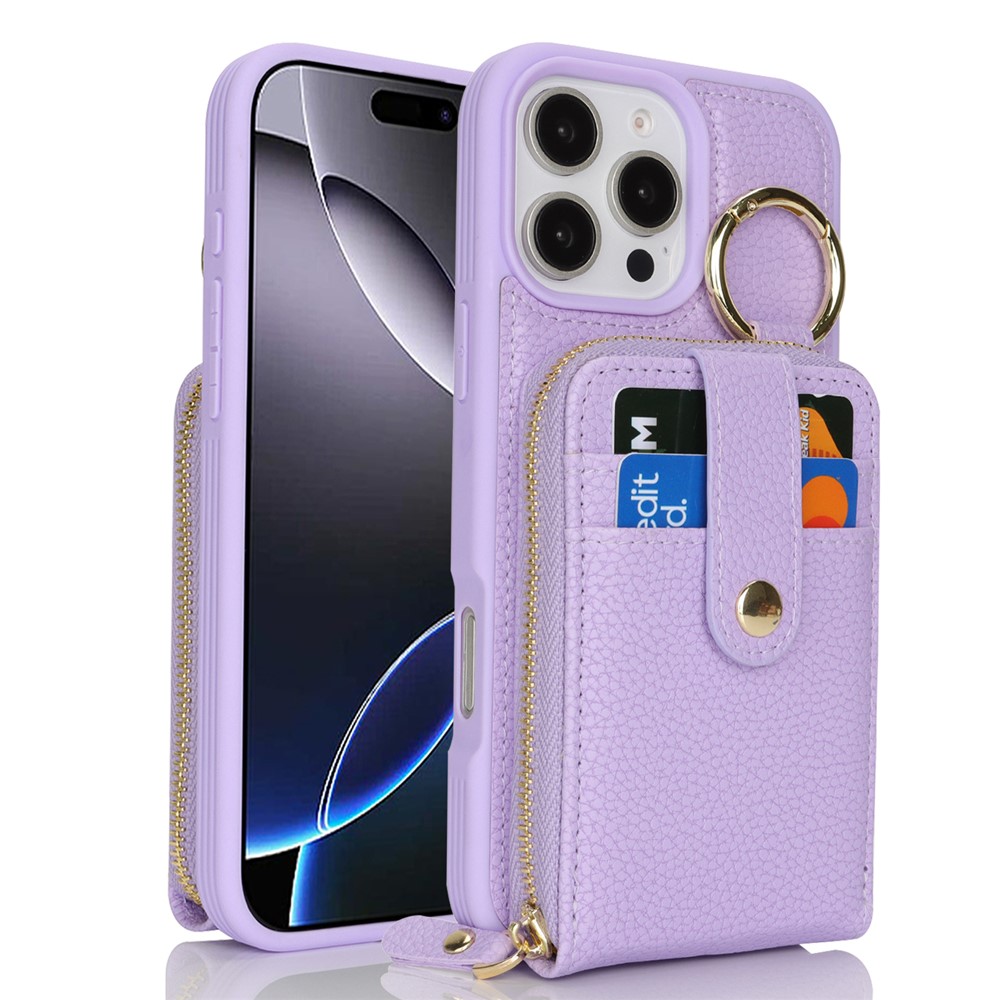 For iPhone 15 Pro Max Case with Zipper Pouch  /  Ring Kickstand  /  Strap Litchi Texture PU + TPU Phone Cover - Purple