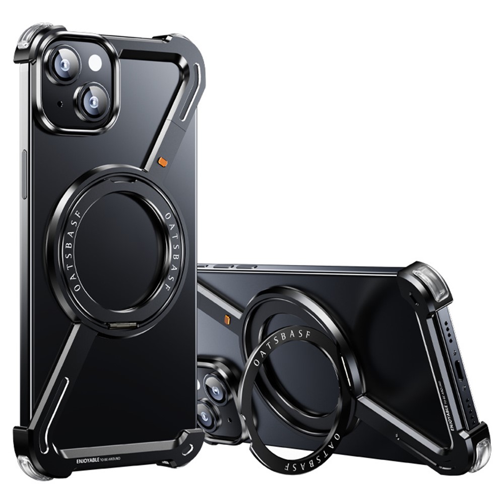 For iPhone 15 Bumper Case Z-Shape Design Magnetic Boardless Phone Back Cover with Kickstand - Black