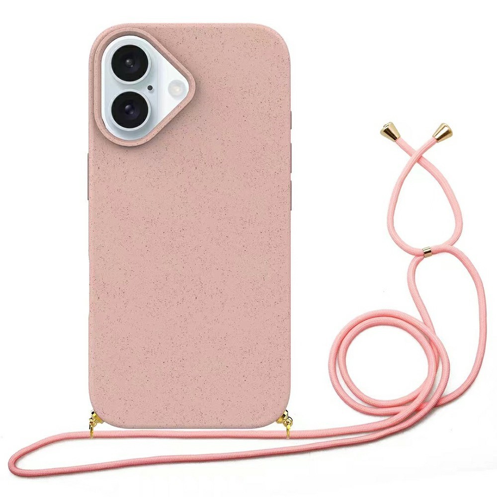 Bulk Purchasing For iPhone 16 Plus Eco Friendly Case with Lanyard Compostable Wheat Straw+TPU Phone Cover - Pink
