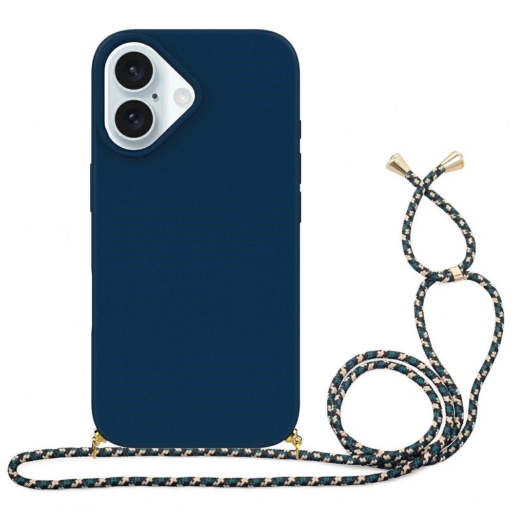 Bulk Purchasing For iPhone 16 Plus Eco Friendly Case with Lanyard Compostable Wheat Straw+TPU Phone Cover - Dark Blue