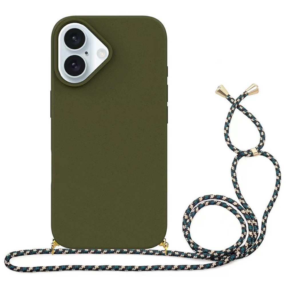 Bulk Purchasing For iPhone 16 Plus Eco Friendly Case with Lanyard Compostable Wheat Straw+TPU Phone Cover - Army Green
